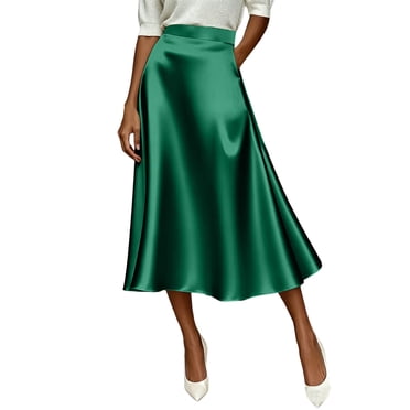 Npasoilc Satin Midi Half Skirt for Women High Waisted A-Line Pull-On Flowy Ruffled Skirts