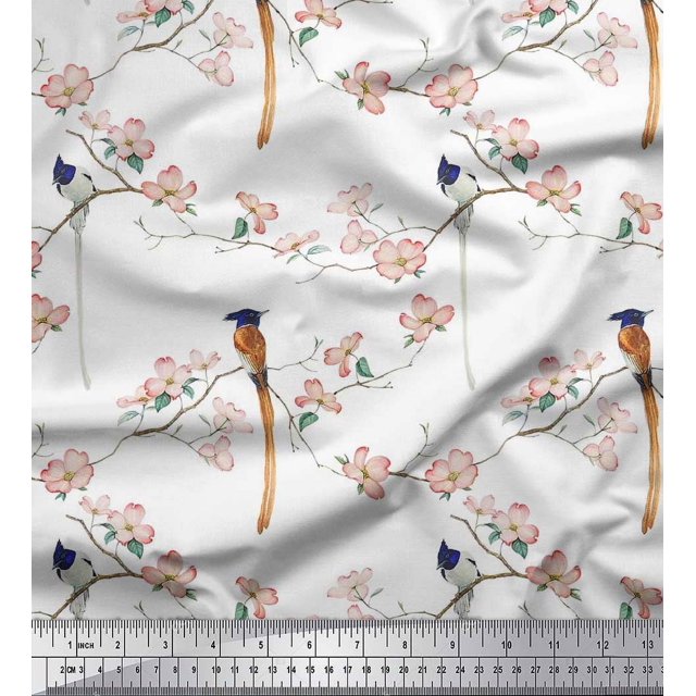 Soimoi Rayon Crepe Fabric Leaves,Floral & Paradise Flycatcher Bird Print Sewing Fabric Yard 46 Inch Wide