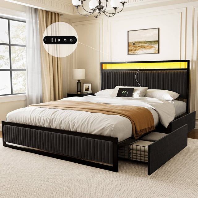 GUNAITO Full Bed Frame with 2 Storage Drawers, Platform Bed with Headboard, Velvet Upholstered Bed Frame with LED Lights & Charging Station, Black