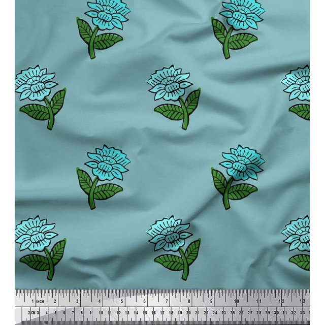 Soimoi Rayon Crepe Fabric Leaves & Floral Block Decor Fabric Printed Yard 46 Inch Wide