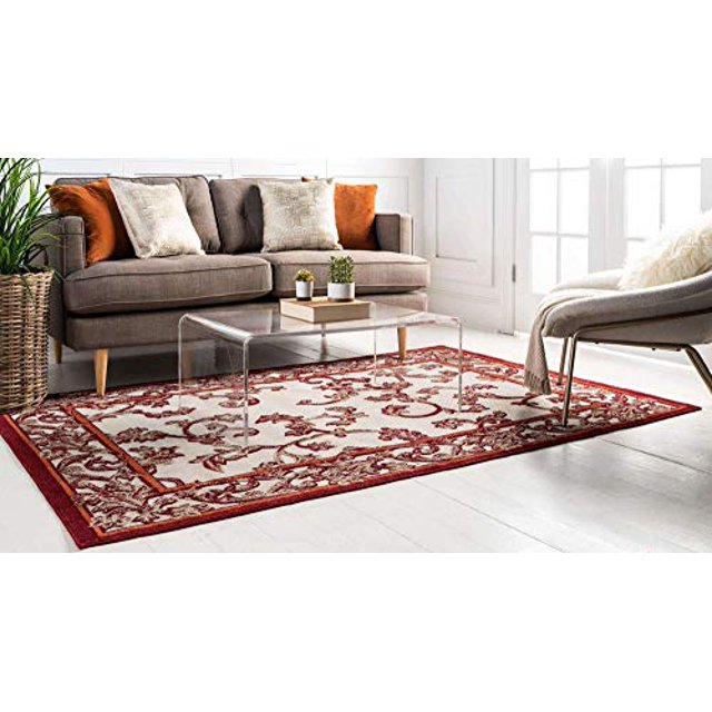 Unique Loom Botanical Collection Coastal, Bohemian, Floral, High-Low Pile, Indoor and Outdoor Area Rug, 6 0 x 9 0 Rectangular, Beige/Burgundy