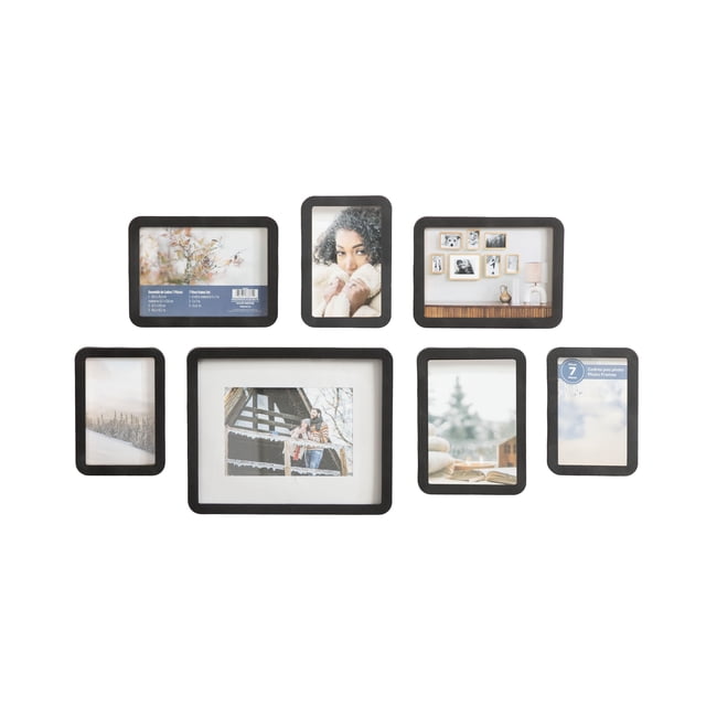 Boba 7-piece black gallery wall picture frame set featuring assorted rectangular frames with decorative and lifestyle placeholder photos.