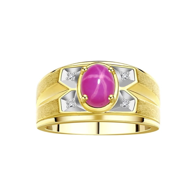 RYLOS Men's Rings 14K Yellow Gold Rings Classic Designer Style 8X6MM Oval Gemstone & Diamond Ring Star Ruby July Birthstone Rings For Men Size 12