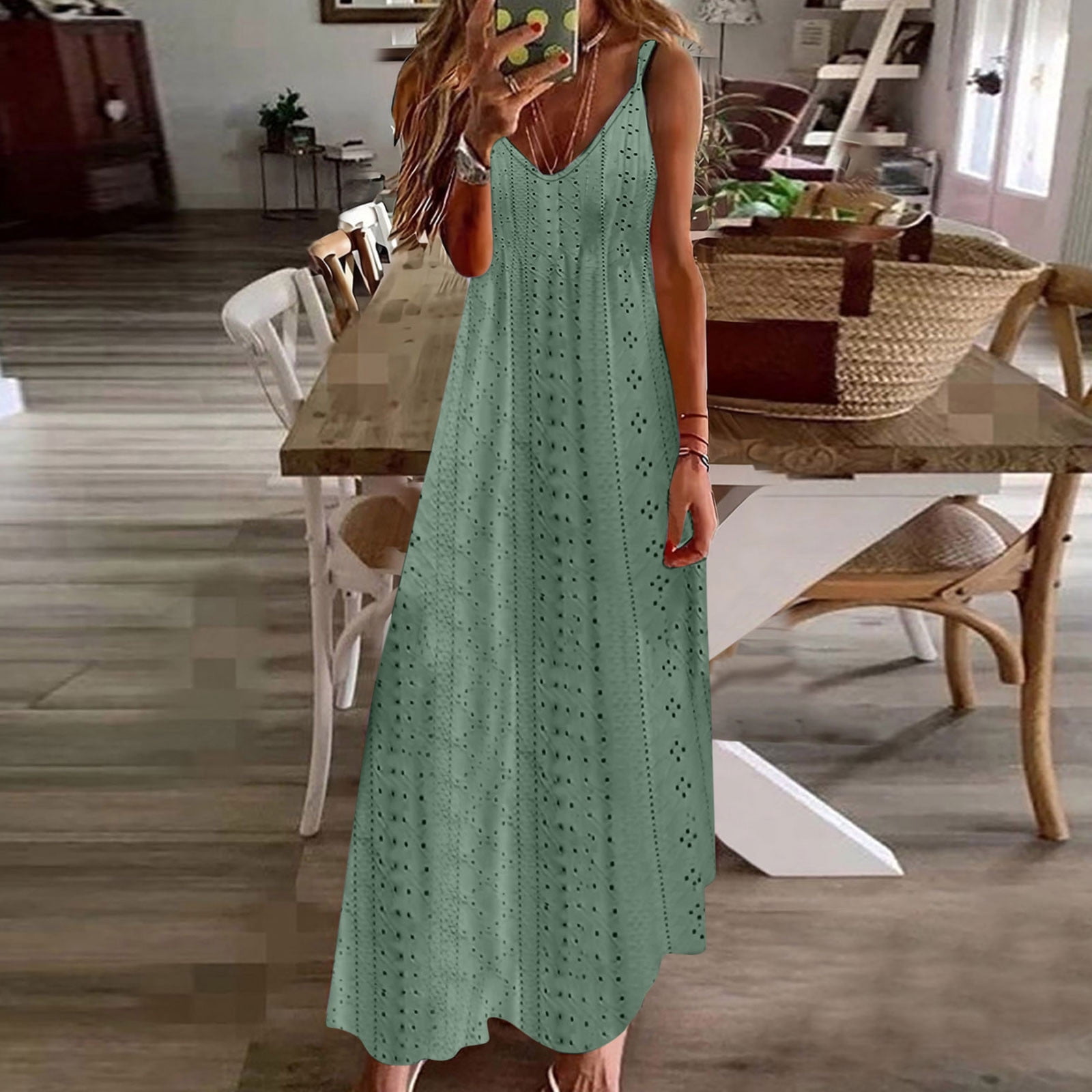 Fatuov Robe d'Été à Oeillets pour Femmes, Robe Débardeur de Plage à Col en V pour les Vacances, Robe Maxi Unie Sans Manches, Tailles TTG, Vert