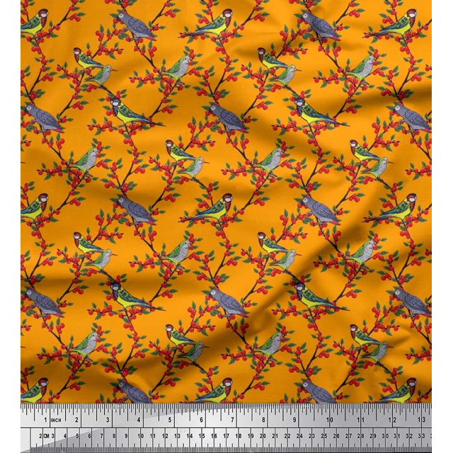 Soimoi Modal Satin Fabric Leaves,Red Berries & Parrot Bird Decor Fabric Printed Yard 42 Inch Wide