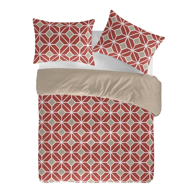 Gouchee Home Komet Coral 3-Piece Queen Duvet Cover Set with coral and beige geometric cube pattern on breathable 200 thread count cotton percale, including one duvet cover and two pillow shams, shown top-down with a beige reverse side partially visible.