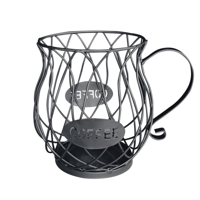 Coffee Pod Holders for K Cups with a cup-shaped design made of anti-rust black metal. The holder measures 14x15x9.5x17.5 cm and features a top opening for easy access to coffee pods. It can store up to 35 K-cups or 50 small coffee packages. Designed as a space-saving storage rack with a flat base for stability on counters or coffee bars.