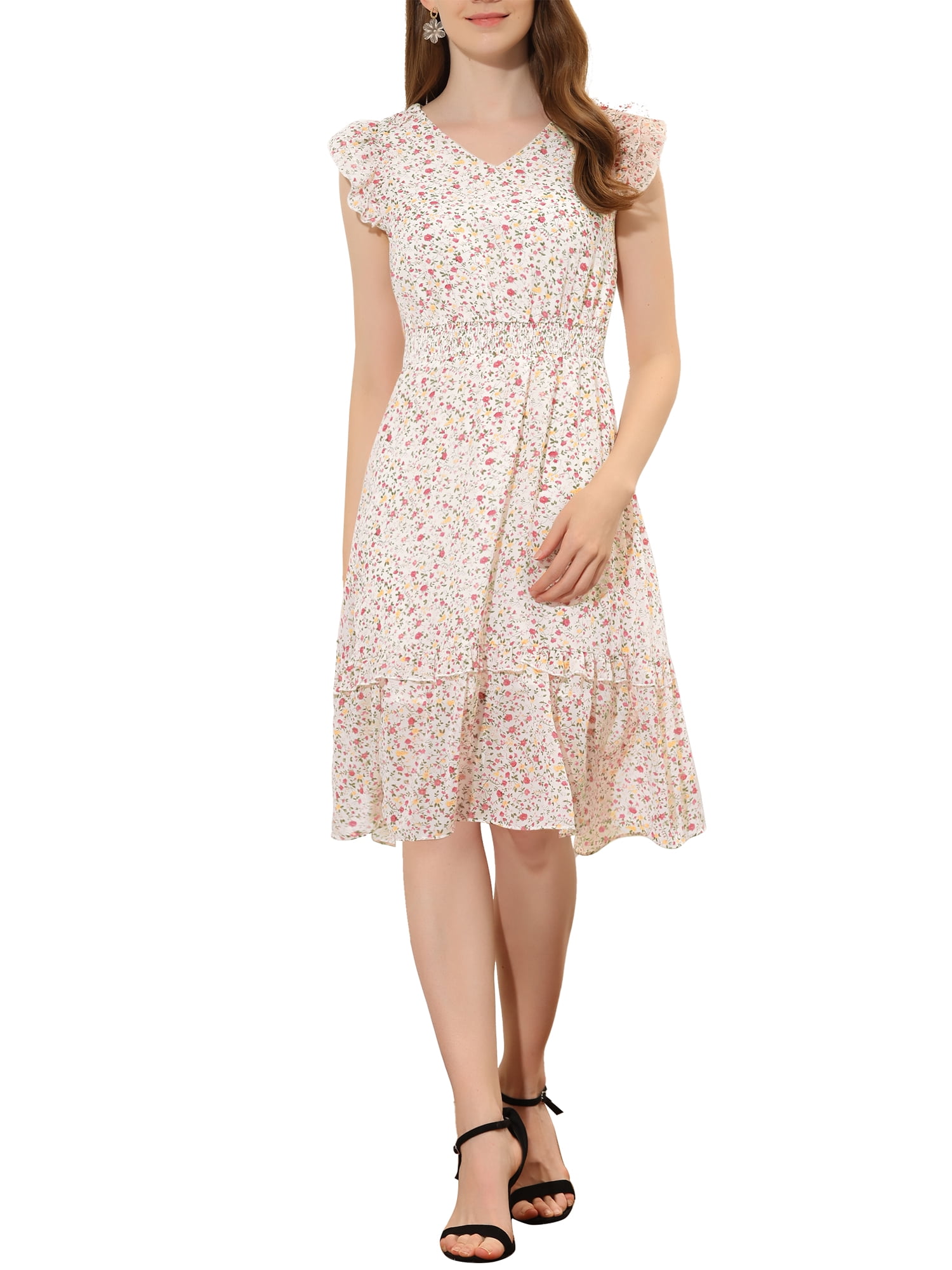INSPIRE CHIC Robe Fleurie pour Femme Manches Volantées Col en V Smockée à Volants Robes Décontractées Blanc Rose P