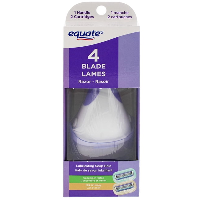 Equate Razor à 4 Lames avec Recharges de Cartouches dans un Emballage Violet Comprenant une Poignée Ergonomique et Deux Cartouches avec Savon Lubrifiant halo Infusé d'Aloès et de Vitamine E, Parfumé au Concombre, au melon et au Lait et au Miel pour un Rasage Doux et Précis.