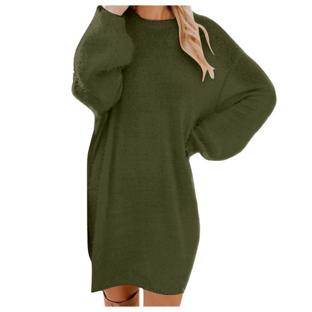 Kcodviy Robe Chandail d'Hiver pour Femme en Tricot Fendu, Col Roulé, Chaude, Manches Longues, Robe Chandail pour Femme avec Poche, Mini Robe Chandail