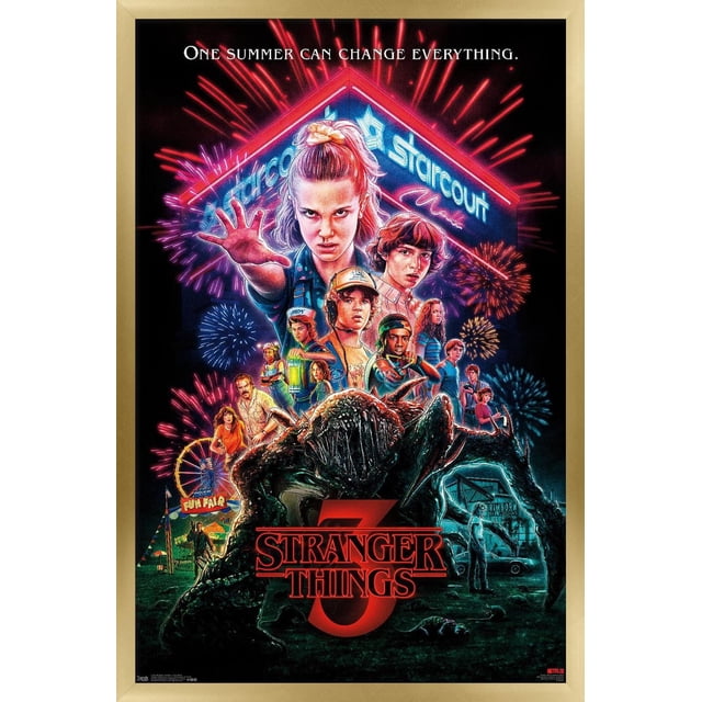 Netflix Stranger Things : Saison 3 - Affiche Murale en une Feuille Mettant en Vedette une Enseigne Néon Starcourt Mall avec des Feux d'Artifice, des Personnages Principaux en Tenue des Années 1980, et un Grand Monstre au Premier Plan, Ensemble de Nuit avec une Foire Amusante et des Promenades de Carnaval en Arrière-Plan, Convient à une Déco Intérieure Audacieuse dans les Chambres, Bureaux Ou Dortoirs.