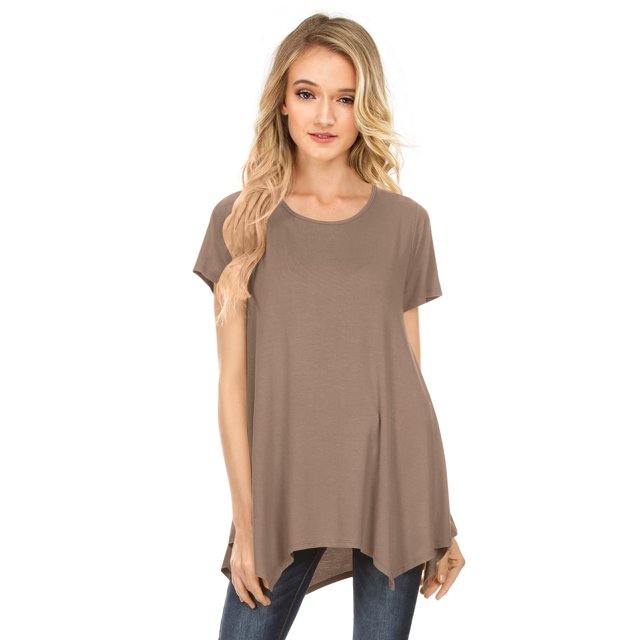 Womens Short Sleeve Scoop Neck Flowy Tunic Top - Made in USA, Small, Mocha