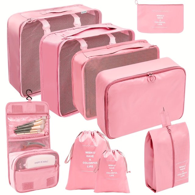 YOPTOP 9-Piece Set of Large Capacity Travel Pack Cubes Lightweight Travel Luggage Organizers - Portable Clothes Storage Bags - Easygoing Casual Travel Bags - Made of Polyester,Pink 9 pieces