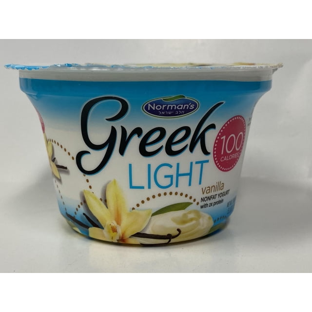 Norman Greek Light yogurt Vanilla in a small plastic container with blue and white label featuring vanilla flowers and pods, 100 calories, nonfat yogurt with 2x protein, ideal for refrigerated storage and a light dairy snack.