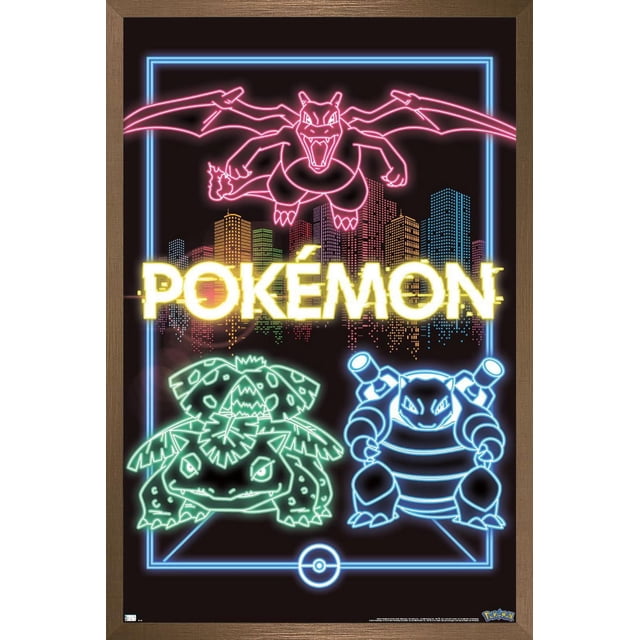 Pokémon - Neon Group Wall Poster, 14.725" x 22.375" framed featuring neon outlines of Charizard in pink flying above a multicolored city skyline, with Venusaur in green and Blastoise in blue below, all set on a black background with a glowing blue neon border and a Poké Ball icon at the bottom, suitable for vibrant room décor or themed party settings.