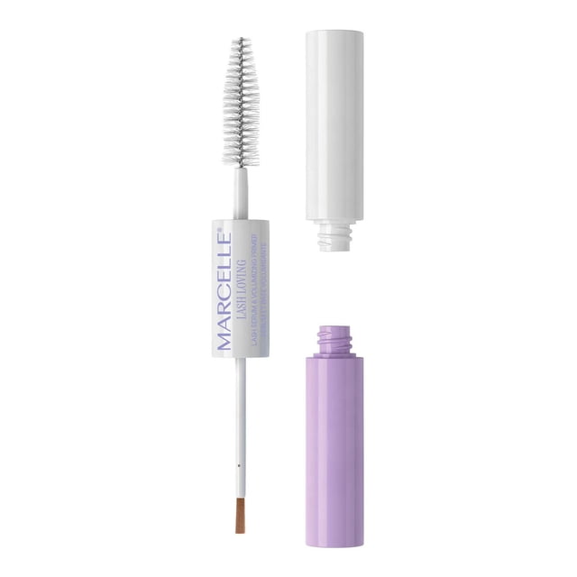 Marcelle Lash Loving Lash Serum & Volumizing Primer showing a white mascara wand with dense bristles and white cap, next to an open lavender tube, formulated with peptides, provitamin B5, and hyaluronic acid to condition and volumize lashes, suitable for sensitive eyes and contact lens wearers.