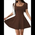 thumbnail image 2 of Women's Mini Dress Square Neck Short Sleeve Ruffle Hem Dresses with Built in Shorts Brown L, 2 of 10