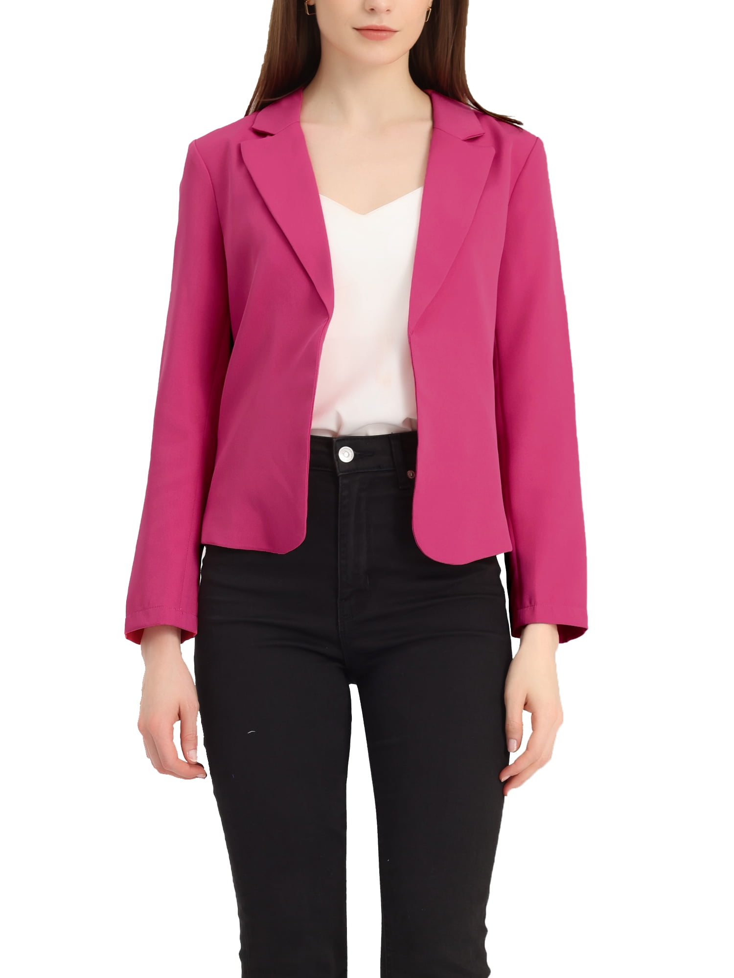 INSPIRE CHIC Women's Blazer Open Front Wear-to-Work Summer Crop Suit Jacket L Hot Pink-Solid