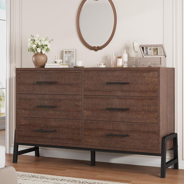 Commode 6 Tiroirs pour Chambre, Tiroir de 52 Po de Large avec Grand Espace de Rangement, Commode de Rangement Autoportante en Bois pour Salon, Chambre, Entrée, Brun