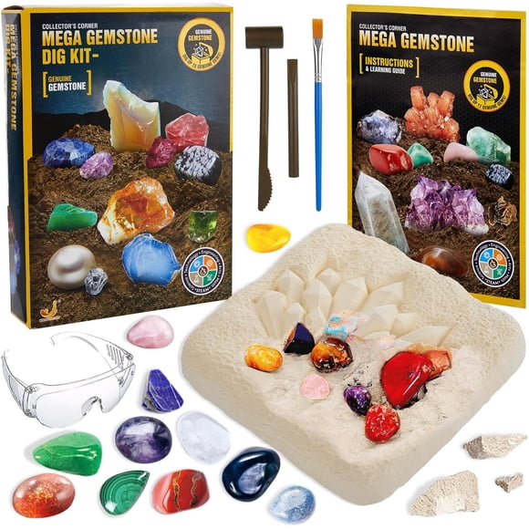 LivinVeluris Mega Gemstone Dig Kit – Excavate 15 Real Gemstones & Crystals – Educational STEM Toy for Kids 3+ with Dig Tools, Magnifier & Guide Bundle