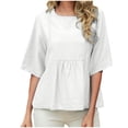 thumbnail image 1 of Diufon Womens Summer Tops Cotton Linen Loose Half Sleeve Crewneck Shirts Oversized Pleated Dress Basic Tee, 1 of 9