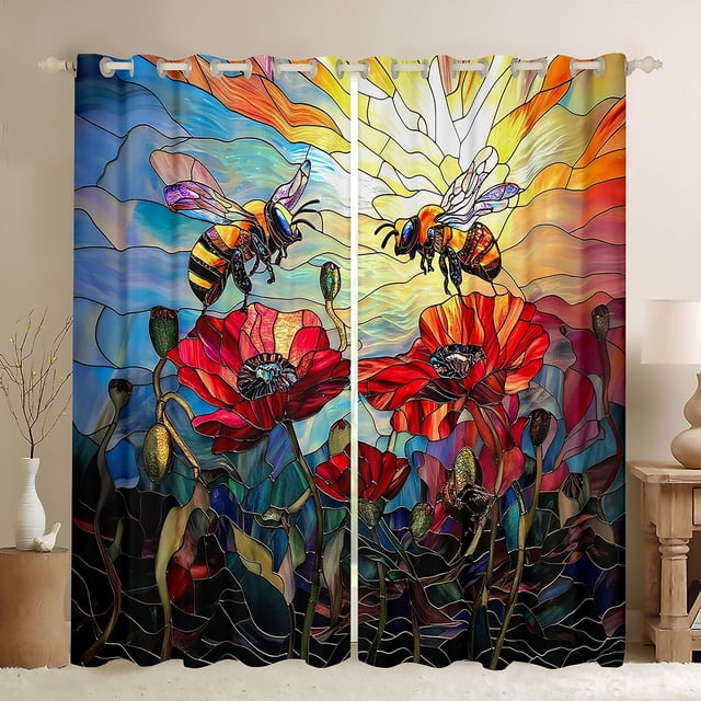 Rideaux Occultants pour Fenêtres Abeille 30 %-50 %, Rideaux Botaniques Rustiques de Jardin avec Coquelicots Rouges pour Salon, Rideaux de Fenêtre Patchwork Style Vitrail Artistique 52l X 63h 2 Panneaux