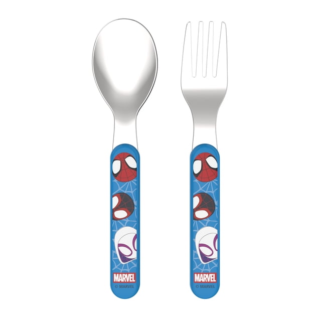 Zak Designs Spider-Man Spiderman Ensemble de Couverts avec Fourchette et Cuillère en Acier Inoxydable avec Poignées en Plastique Bleu Décorées des Visages et du logo Marvel, Poignées Texturées Profilées Qui Réduisent les Glissades, Sans BPA et Va au Lave-Vaisselle, Convient aux Enfants de 3 Ans et Plus.