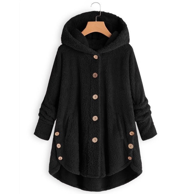 Veste pour Femme Mode à Boutons en Laine Duveteuse à Capuche Coupe Ample Hiver Chaleur Grande Taille