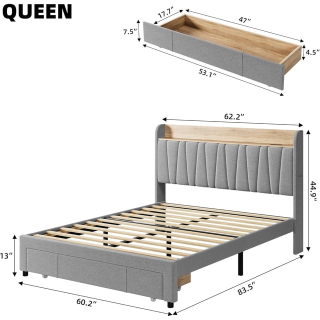 EDTara Bed Frame with Storage Headboard, Upholstered Platform Beds with Drawers, Charging Station, Noise-Free, No Box Spring Needed, Easy Assembly. A queen-size upholstered bed frame in grey with a padded headboard featuring vertical stitching and integrated wooden storage compartments. Includes a built-in charging station with USB ports and an AC outlet for convenience. The sturdy metal frame and wooden slats provide noiseless support, while drawers on casters offer space-saving storage for bedding or clothes. Ideal for modern bedrooms, this bed combines functionality and style. Dimensions are clearly labeled for reference.