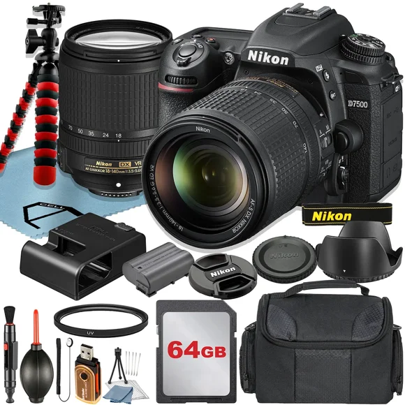 Nikon D7500 DSLR Camera with AF-S 18-140mm VR Lens + 64GB Memory Card + Case + Tripod + UV Filter + A-Cell Accessory Bundle