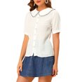 thumbnail image 4 of INSPIRE CHIC Women's Peter Pan Collar Ruffled Trim Gingham Button Down Blouse M White, 4 of 7