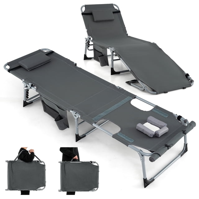 Gymax Outdoor Folding Chaise 5-Position Lounge Chair w/ Face Hole & Adjustable Footrest Gray