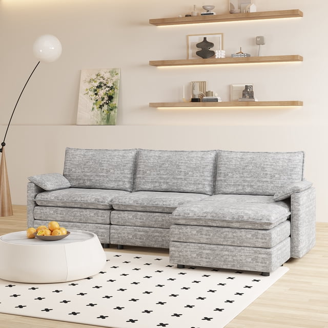 108" Modular Chenille Cloud Sectional with Ottoman, Extra-Deep l-Shape Sofa for Living Room & Apartment