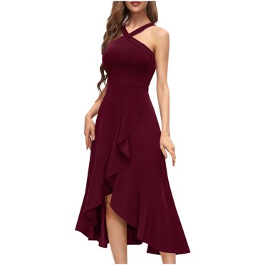 Robes de Cocktail Formelles pour Femmes Été Ourlet à Volants Invitée de Mariage Robes de Soirée Col Croisé Licou Asymétrique Robe de Fête Bordeaux, TG