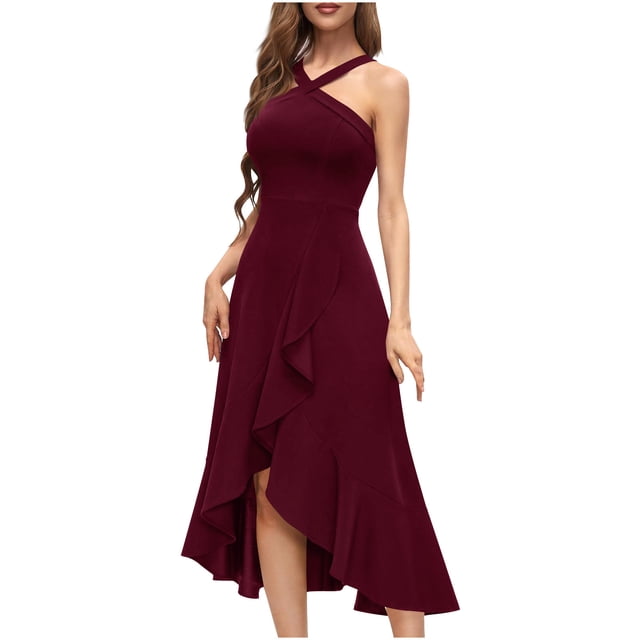 Robes de Cocktail Formelles pour Femmes Été Ourlet à Volants Invitée de Mariage Robes de Soirée Col Croisé Licou Asymétrique Robe de Fête Bordeaux, TG