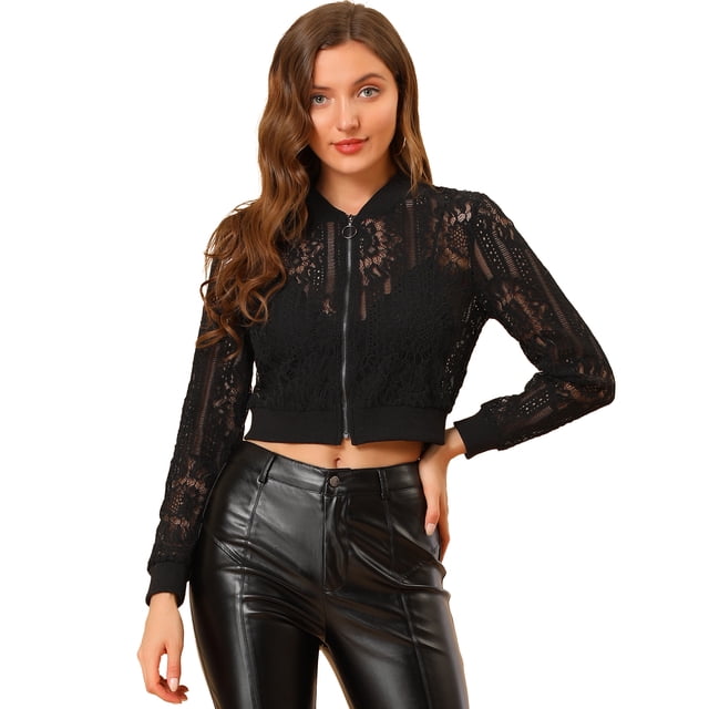 INSPIRE CHIC Blouson Bomber Court à Fermeture Éclair à Manches Longues en Dentelle Crochet Transparente pour Femme
