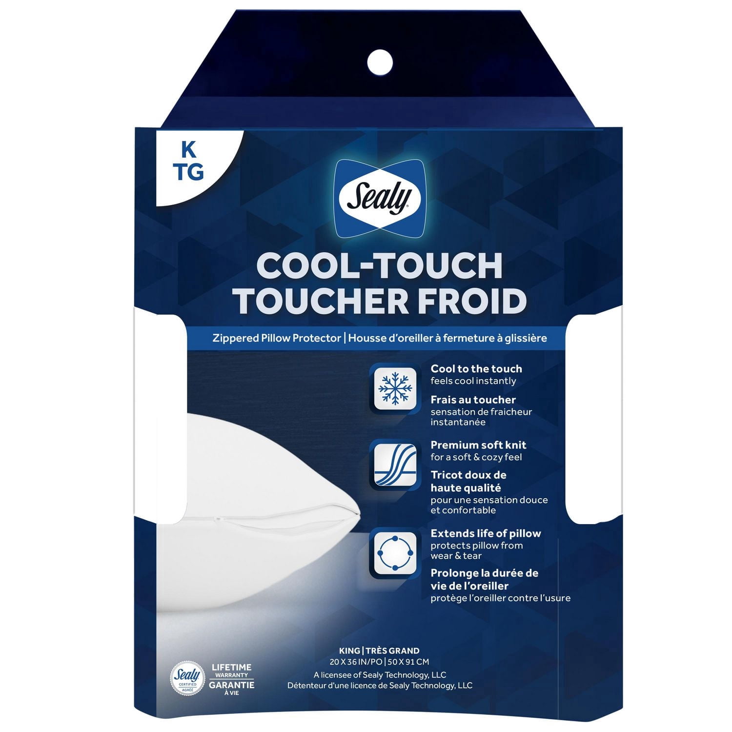 Sealy Cool Temp Bed Pillow Cover Protector, S/Q- Zippered Soft Knit Fabric