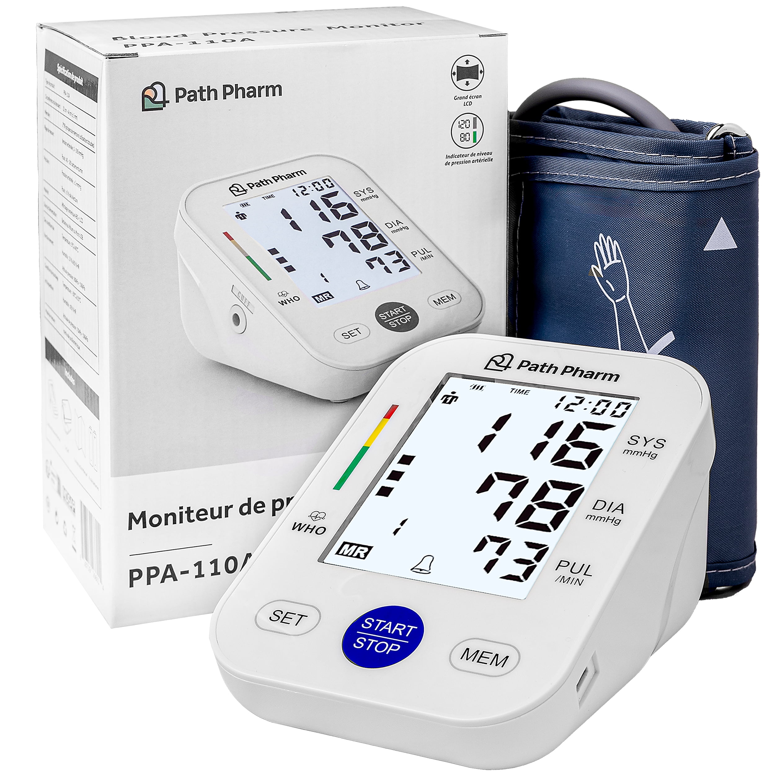 PATH PHARM Blood Pressure Monitor for Home Use with Adjustable Arm Cuff, Backlit LCD Display, and User Memory, Precision Accurate Machine for Home, Portable Travel Size, Canadian Brand