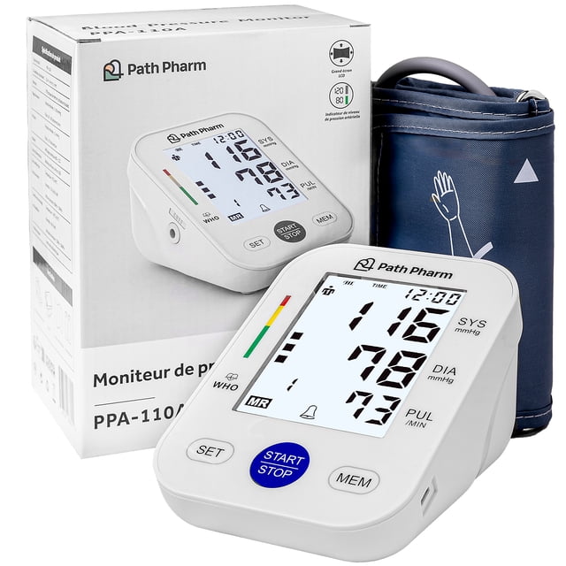 PATH PHARM Moniteur de Pression Artérielle pour la Maison avec Manchon de Bras Ajustable, Écran LCD Rétroéclairé et Mémoire de l'Utilisateur. l'Appareil Présente un Grand Écran Rétroéclairé de 4,2 Pouces, Manchon de Bras Ajustable (22-44 cm), et une Touche pour des Lectures Rapides de 30 Secondes. Comprend un Indicateur d'Hypertension, un Rappel de Mémoire pour jusqu'à 198 Lectures, et des options d'Alimentation Doubles (micro-USB et Piles). Compact et portable, Il Est Livré avec un Manchon