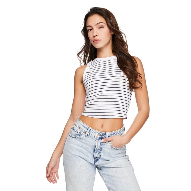 No Boundaries Women's Rib Tank in white with thin black horizontal stripes, sleeveless with a crew neckline and rib knit fabric, shown front-facing worn with light-wash high-rise jeans, featuring a cropped fit ideal for girls' casual summer tops.