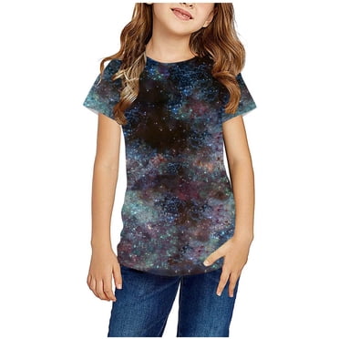 Zwiiyzr 2025 T-Shirt Graphique Galaxie pour Adolescents Garçons Filles Tendance Col Rond Manches Courtes Vêtements d'Été Hauts T-Shirts pour Jeunes Multicolore-11-12 Ans