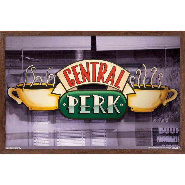 Friends - Affiche Murale Central Perk, 22,375 Po x 34 Po Mettant en Vedette le logo Central Perk avec Deux Tasses de Café Jaune Vapeur des Deux Côtés du Texte Rouge et Vert, Imprimée sur du Papier Affiche Lustré avec un Cadre en Bois, Idéale pour la Déco de Pièce, l'Art Mural et la Décoration de Dortoir.