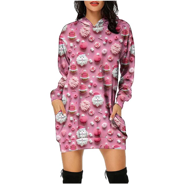 Jsaierl Robe à Capuchon pour Femmes Noël Grande Taille Tunique de Noël Chandails à Capuchon Robes Chandail Femme Tenue d'Automne Tendance