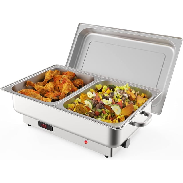 TROPOW Ensemble de Buffet Électrique pour Chef avec Deux Serveurs de Buffet en Acier Inoxydable de 4,5 Qt avec Affichage Numérique de la Température. le Plateau Chauffant Rectangulaire Est Montré avec des Aliments, Incluant du Poulet Rôti et des Légumes Mélangés, dans une Finition Argentée. Conçu pour le Service Traiteur, les Fêtes et un Usage commercial, Il Offre un Contrôle de Température Réglable de 86 °F à 200 °F (30 °C à 93 °C) et un Élément Chauffant de 400 W pour un Réchauffement Efficace.