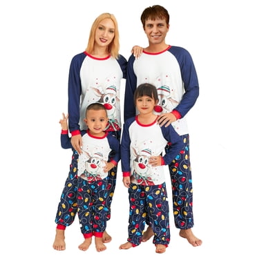 Christmas Matching Family Pajamas, Cartoon Elk Snowflake Star Print T-shirt String Light Print Trousers for Couple Kids Baby