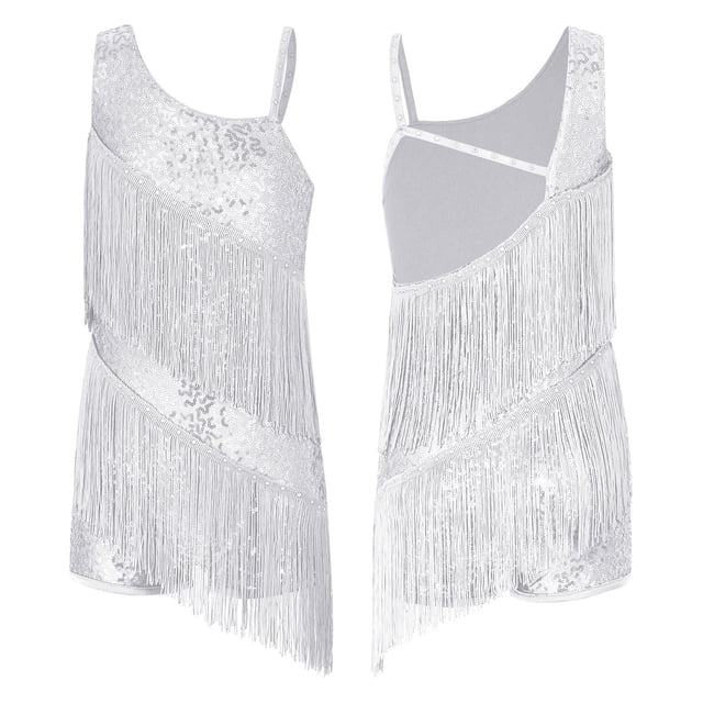 Mufeng Vêtements de Danse Latine Rumba pour Grandes Filles Justaucorps de Jazz Moderne Compétition Samba Tango Robe de Danse à Franges Blanc 10