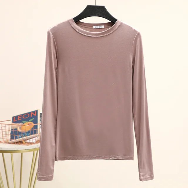 LNGOOR T-Shirt de Base Uni en Modal à Col Rond à Manches Longues pour Femmes, Automne, T-Shirt de Base, Hauts, T-Shirt Passe-Partout, Grande Taille, sous-Vêtement