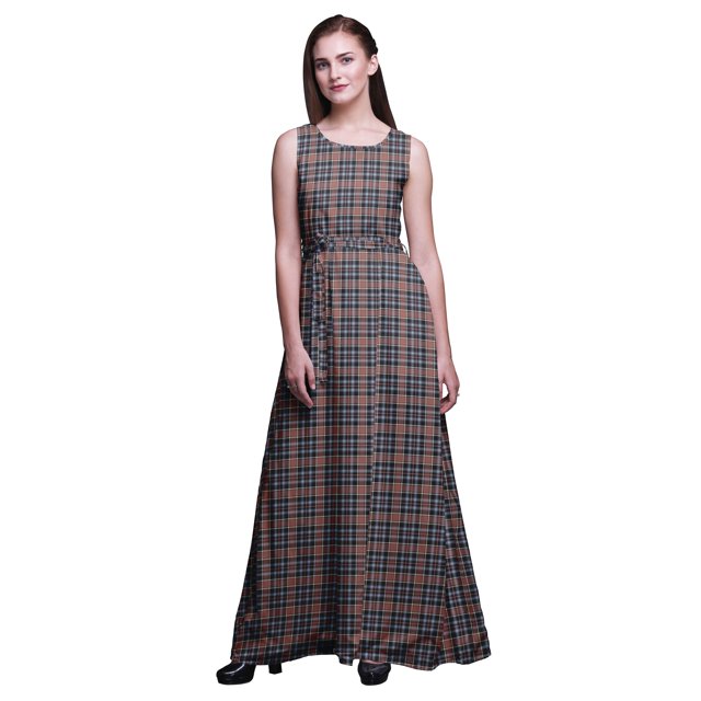 Bimba Check Ladies Round Neck Sleeveless Long Tank Casual Maxi PrintDress-XXX-Large