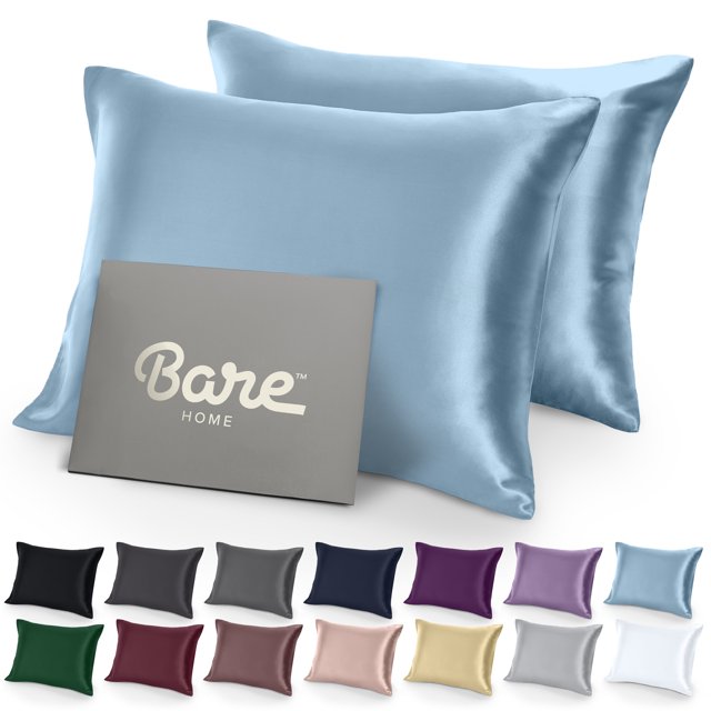 Bare Home Satin Pillowcase Set - Luxury Pillowcases - Soft and Smooth - Breathable - Envelope Closure - Queen, Light Blue