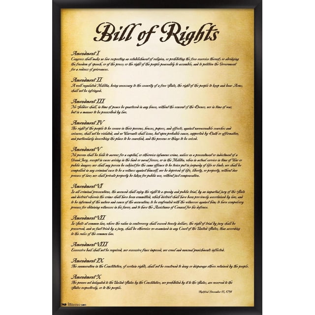 Les États-Unis d'Amérique - Affiche Murale de la Déclaration des Droits, 22,375 Pouces x 34 Pouces, Montrant les Dix Premiers Amendements à la Constitution Américaine en Noir sur Papier Glacé Style Parchemin avec Cadre Noir, art Mural Idéal pour la Décoration de la Maison, du Bureau Ou de la Classe et pour un Usage Éducatif.